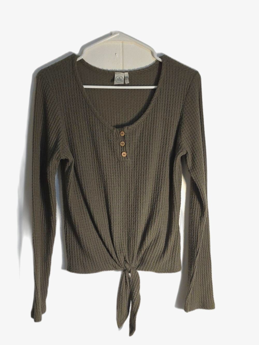 Paper Crane Olive Tie-Front Waffle Knit Long Sleeve Top